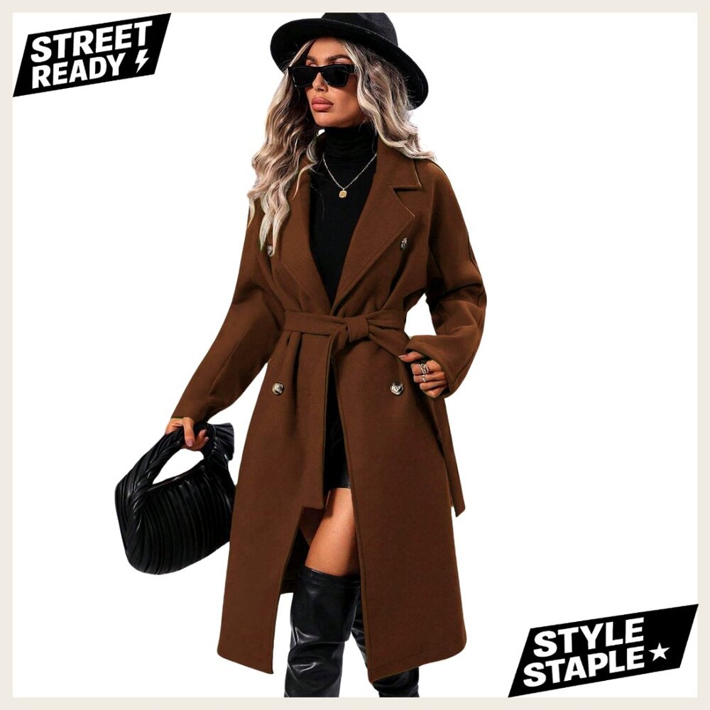 Women's Wool Pea Coat Double Breasted Trench Belted Winter Overcoat